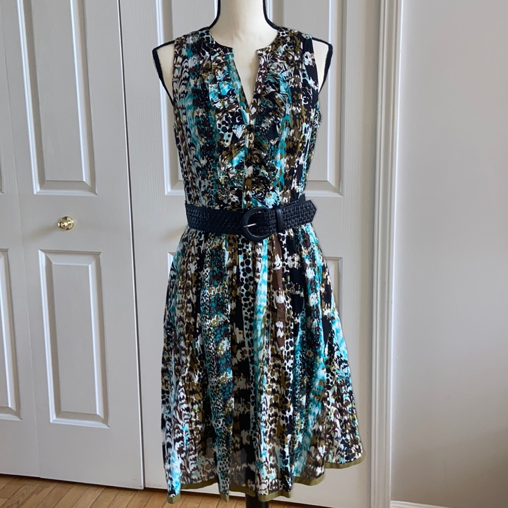 Nine West Printed Ruffle Sleeveless Dress with Belt